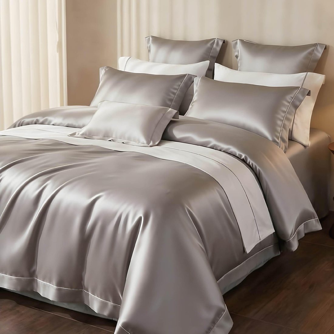 Dressed guest bed in sateen bed linen